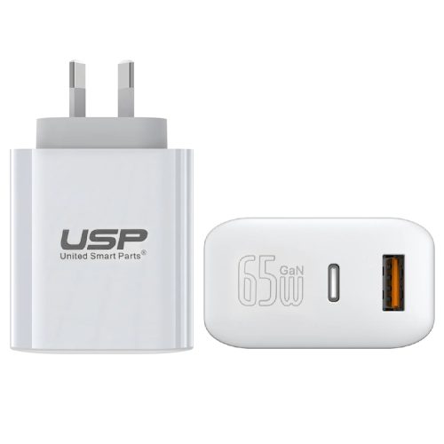 USP Dual Port PD 65W GaN Fast Wall Charger USB-C + USB-A